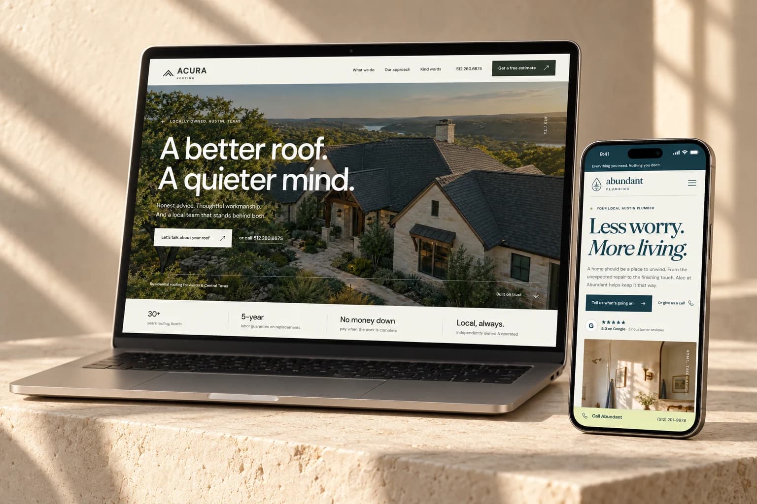 Acura Roofing and Abundant Plumbing website concepts displayed on a laptop and phone